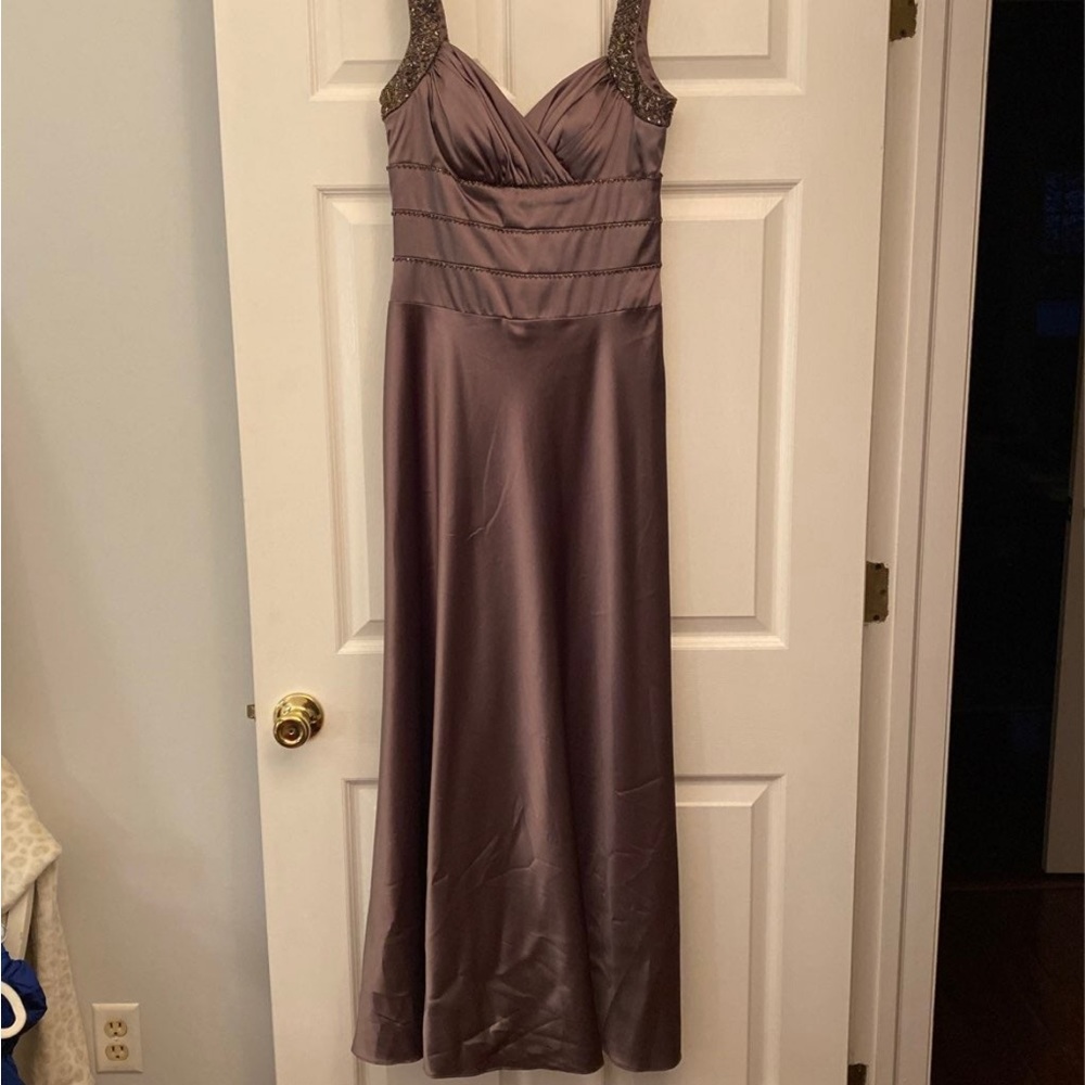 OC by Oleg Cassini Sleeveless Mauve Satin Evening Gown with Beaded Straps